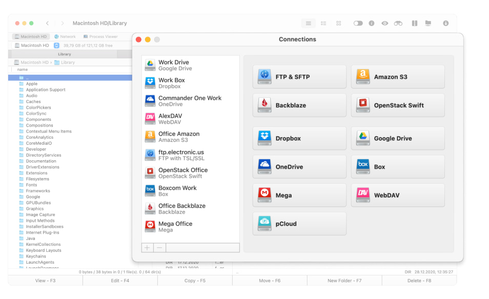 Commander One simply connects to local drives and cloud storage. Commander One simply connects to local drives and cloud storage.